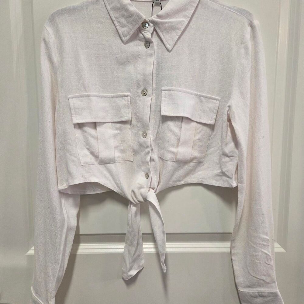Women's White Long Sleeve Tie Up Blouse